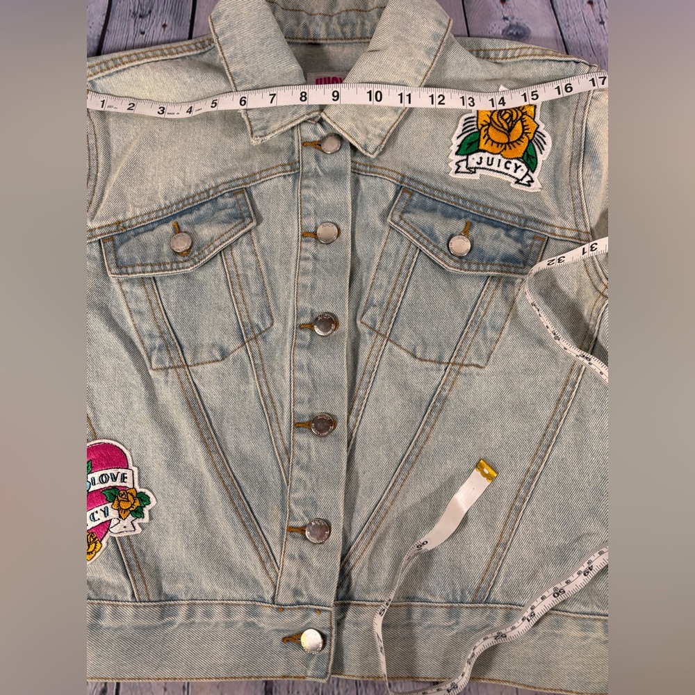 Juicy Couture Cabana Wash Tattoo Patch Distressed Cropped Urban Denim Jacket S - Picture 11 of 14